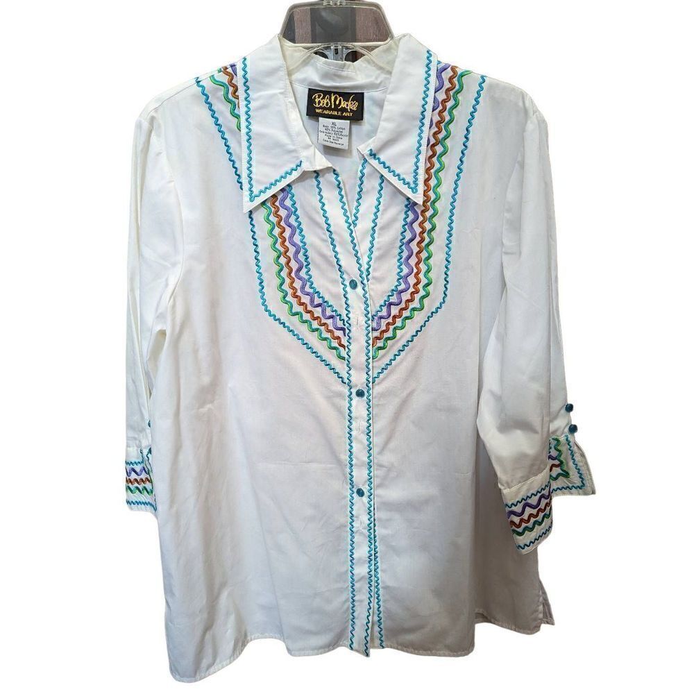 Bob Mackie Women's XL White Zig Zag Embroidery Blouse Top White